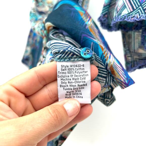 Johnny Was Workshop Klodi Ruffle Sleeve Blue Pattern Top Lightweight Blouse XS - Picture 5 of 10